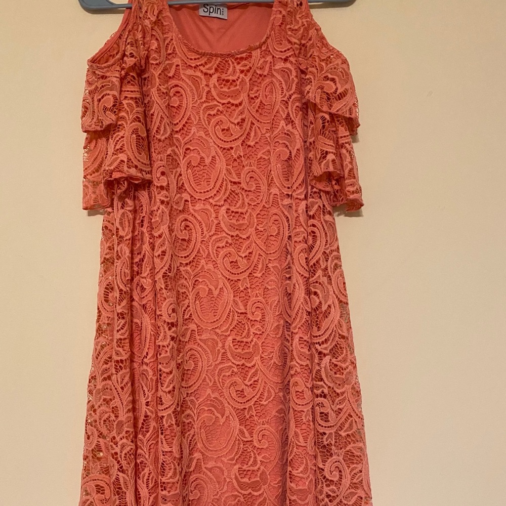 Beautiful coral / peach color cold-shoulder fully lined lace dress